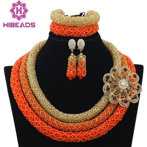 Delicate 3 Layers Gold Coral Nigerian Wedding African Beads Jewelry Set Dubai Coral Beads Bridal Christmas Jewelry Set WB840