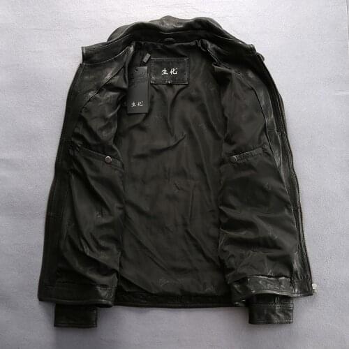 Slim fit jacket balck sheepskin shirt Epaulet zipper pockets biker leather coat for men autumn new arrivals