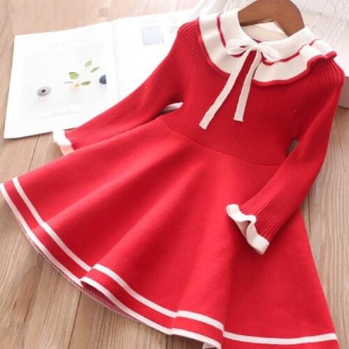 Autumn Winter Girls Sweater Dress Sweet Girl Clothes Long-Sleeve Lotus Leaf Neck Bow Patchwork Warm Knitted Childrens Dress