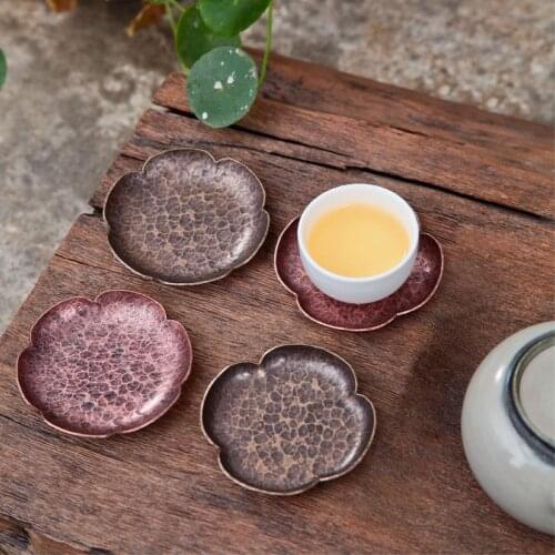 Teacup Mat Kung Fu Tea Ceremony Chinese Copper Cup Holder Metal Coaster Handmade Pure Copper Tea Holder Coasters In Holder Set