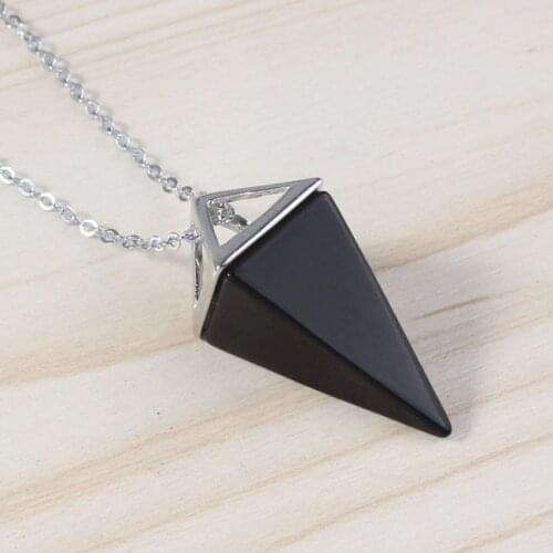 100-Unique 1 Pcs Silver Plated Black Onyx Quadrangular Pyramid Pendant Amulet European Style Necklace Link Chain Fashion Jewelry