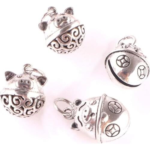 20pcs Lucky Pig Bell Charms Vintage Silver Pendants For Necklace Bracelets Jewelry Making DIY Gift Materials