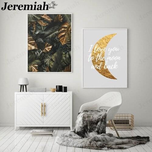 Modern Abstract Plant Canvas Painting Gold Foil Moon Letter Love Poster Wall Art Nordic Living Room Home Decoration
