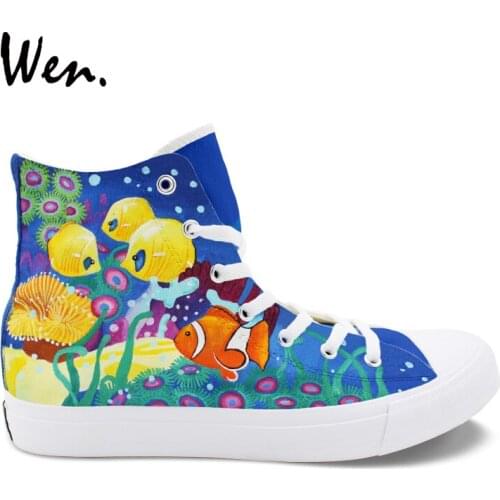 Wen Design Canvas Hand Painted Original Shoes Sea Creatures Coral Clownfish Nemo High Top Unisex Skateboarding Shoes Sneakers