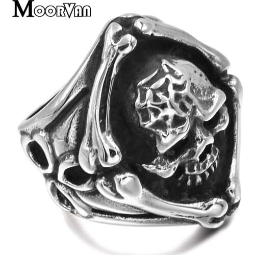 Moorvan Vintage Retro Stainless Steel Fashion Skeleton Rings Punk Skull Rings Men Anel Jewelry Bague Jewelry