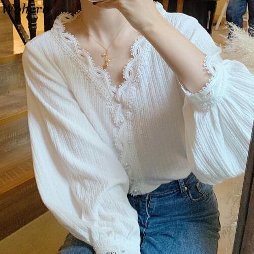 Woherb Lace Ruffle Patchwork Women Loose Blouse Korean Casual All Match Shirt 2021 Elegant V-neck Blusa Mujer Camisas Mujer