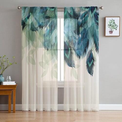 Peacock Feathers Green Tulle Sheer Window Curtains for Living Room Kitchen Children Bedroom Voile Hanging Curtain