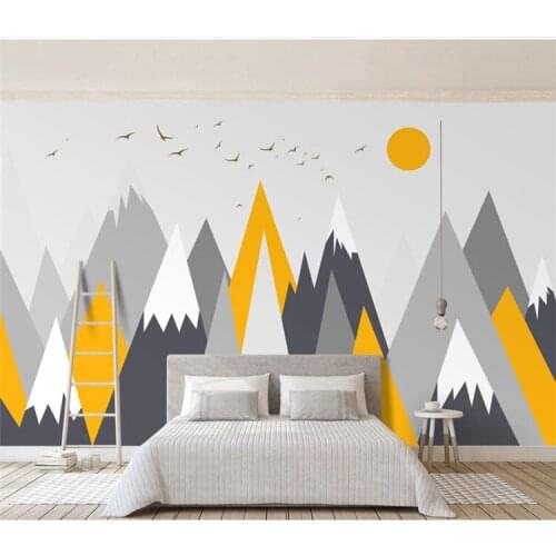 Yellow Geometry Abstract Wallpaper Sun Birds Mountain Mural for Bedroom Sofa Background 3d Wall Cartoon Mural Wall paper