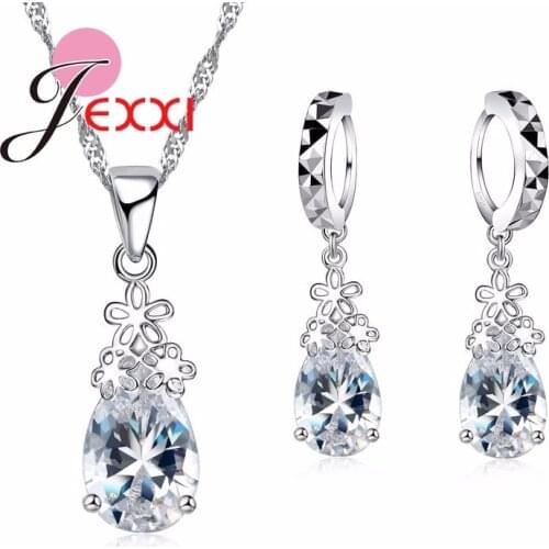 925 Sterling Silver CZ Crystal Crystal Water Drop Necklace Earrings Pendant Chain for Woman Gift Accessories