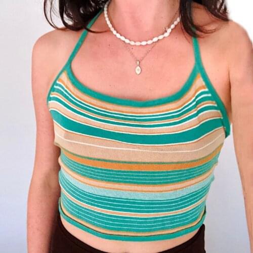 Women Summer Striped Halter Crop Cami Tops Female Sexy Sleeveless Backless Tank Tops