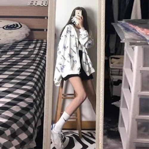 2021 new coat women hooded round neck couple all-match tops tide Y2K loose street butterfly letters Harajuku printed cardigan