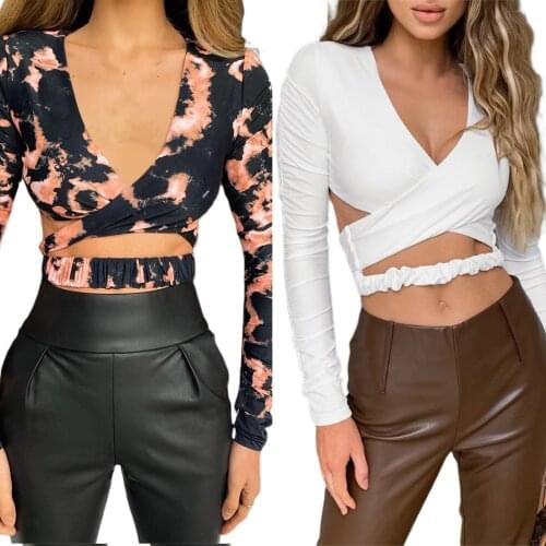 Womens perspective Crop Tops Sexy Cross Wrap Crop Tops Ruched Long Sleeve Deep V Neck Cut Out Slim Fit T-Shirts Polyester Tops