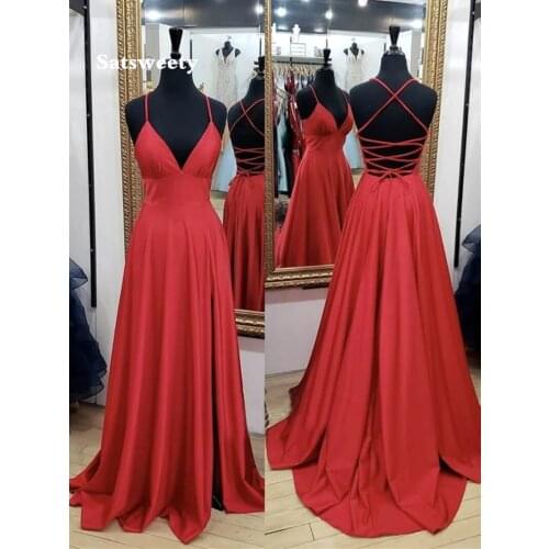 2020 A Line V Neck Red Backless Long Prom Dresses Open Back vestidos de fiesta de noche Spaghetti Strap Evening Gowns