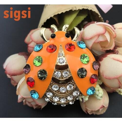 100pcs / lot alloy metal ladybug pin, rhinestone insect bug brooch, orange enamel lady bug broach pin