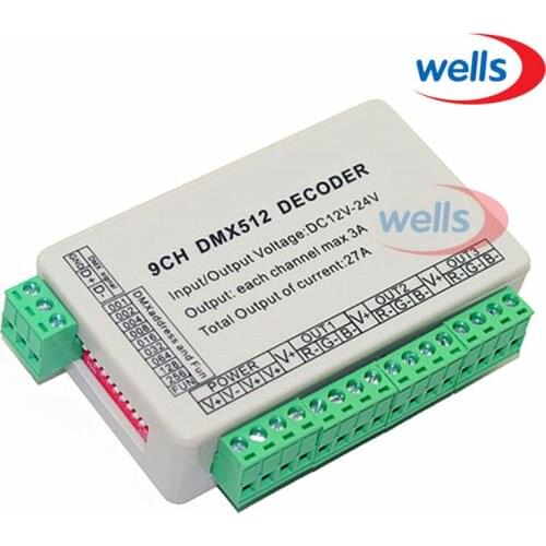 9CH DMX512 RGB Controller LED Decoder;output 3A each channel;Total output 27A;9 channel 3 group;DC12V~24V for RGB led Strip