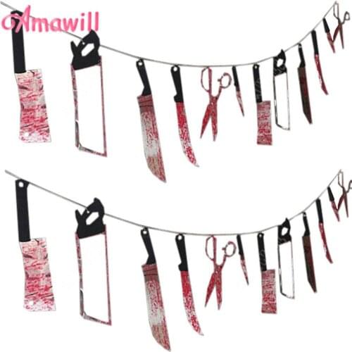 Amawill 12pcs Halloween Flag Horror Bloody Knife Banner Props For Home Bar Haunted House Hanging Ornaments Halloween Pendant