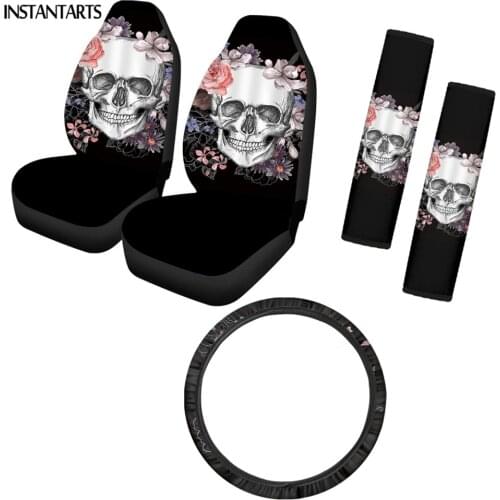 INSTANTARTS Fashion Rose Sugar Skull Design 5pcs/Set Car Seat Cover Durable Car Steering Wheel Cover Safety Shoulder Strap Pad