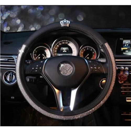 DONYUMMYJO Black Leather Crown Series Crystal Rhinestone covered Steering-Wheel Covers Car Steering Wheel Cover For Women Girls