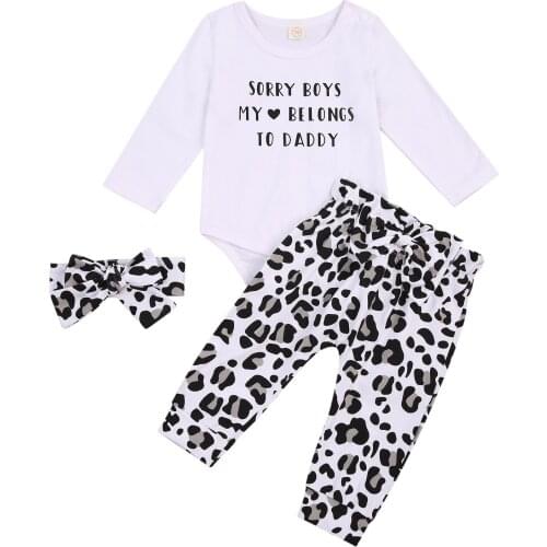 Citgeett Spring 0-24M Newborn Baby Girls 3-piece Outfit Set Long Sleeve Letter Print Romper+Leopard Pants+Headband Autumn Set