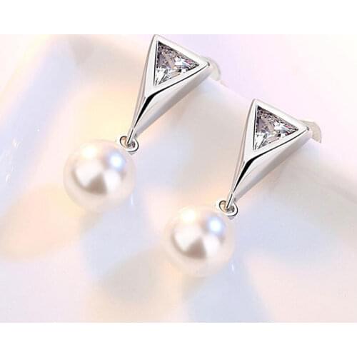 925 Sterling Silver Elegant Geometric Triangle Zircon Wedding Earrings For Bridal Engagement Pearl Jewelry Accessories S-E244