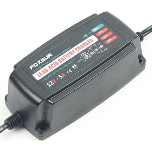 FOXSUR 12V 5A Automatic Smart Battery Charger, Maintainer & Desulfator for Lead Acid Batteries, Car Battery Charger 100-240V In