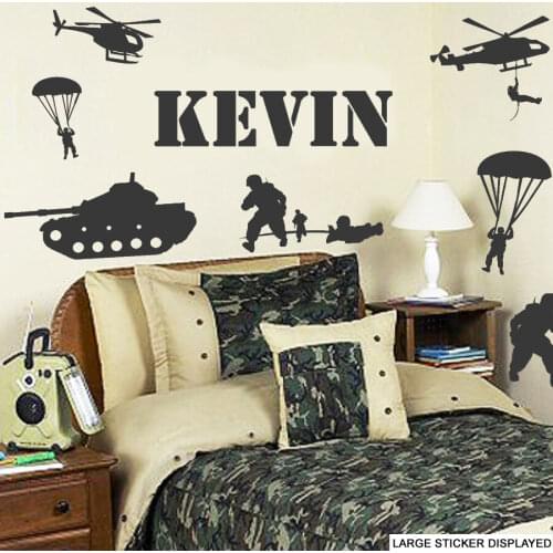 Custom Name Army Solider Wall Decal Boy Room Kids Room Personalized Name War Military Tank Helicopter Wall Sticker Playroom Art