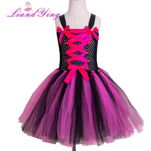 Halloween Girl Witch Tutu Dress Hot Pink Black Knee Length Ribbon Girl Halloween Holiday Cosplay Costume Set for 2-12Y