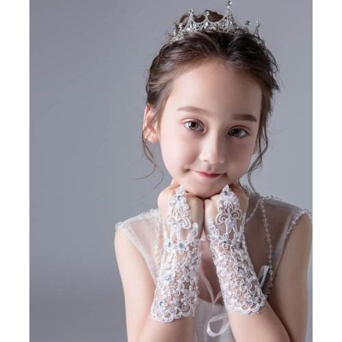 Beauty Girl Lace Beaded Wedding Gloves Red Ivory Fingerless For Flower Girls Dress Gloves For Birthday Party Stage Performance