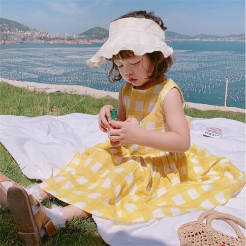 Summer Girls Cotton Plaid Print Sleeveless Pleated Tutu Sundress Childrens Casual Cute Dress Vestidos