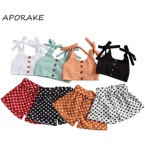 2021 0-6Y Summer Two Piece Set Baby Girl Clothing Fashion Solid Color Bandage Suspender Tops and Elastic Heart Short Pants+Belt
