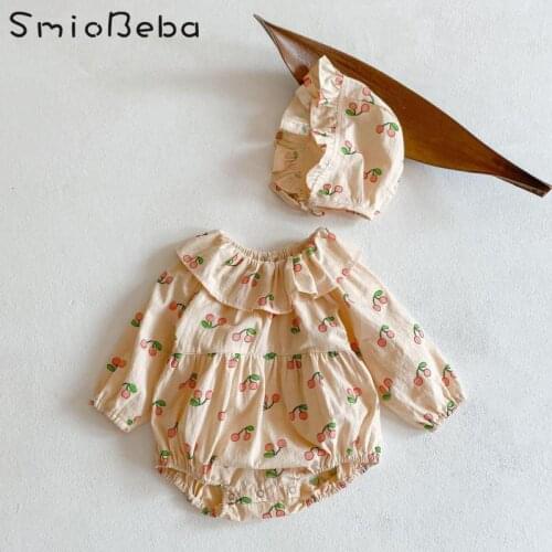 Summer Baby Girl Rompers With Hats Sweet Full Printed Cherry Floral Long Sleeve Jumpsuit Kids Newborn 1-3 Years Birthday Outfits
