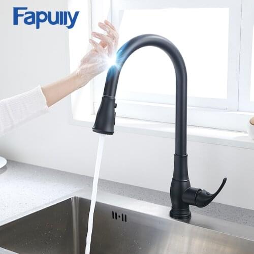 Fapully Matte Black Smart Touch Control Kitchen Faucet Pull Down Sink Tap Touch Induction Faucet Sensitive Mixer Crane CP1051