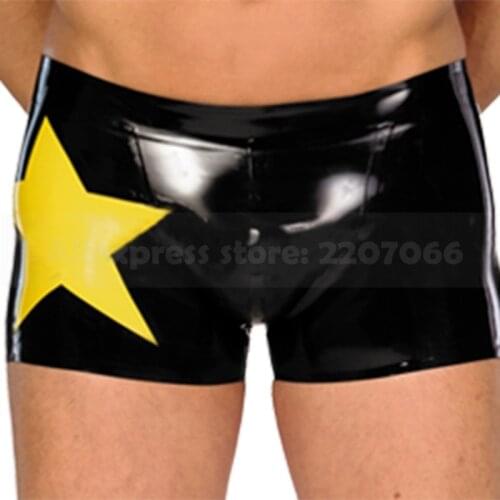 Natural Latex Rubber Men Tight Shorts Black With Yellow Star Boxer Handmade Panties RPM118