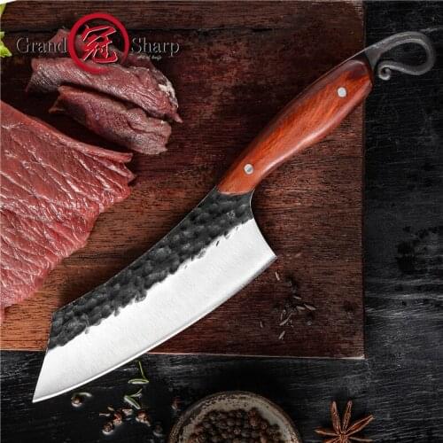 Kitchen Knife Hand Forged Chinese Cleaver High Carbon Steel Butcher Outdoor BBQ Kitchen Cooking Tool with Leather Scabbard Gift