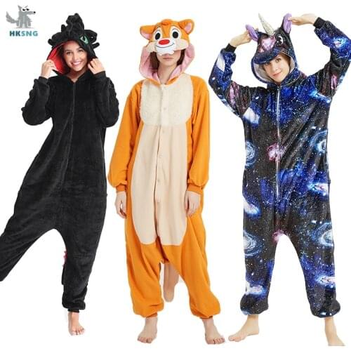 HKSNG Adult Unicorn Onesies Kigurumi Pajama Dragon Costume Cartoon Squirrel Animal Halloween Party Jumpsuits Suit