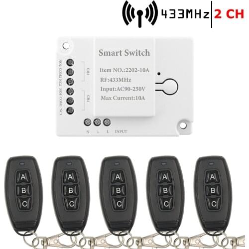 Garage Door Remote Control Switch Wireless AC 110V 220V 2Ch Relay Module Rf 433MHz Transmitter Key Fob For Light/Motor/Curtain
