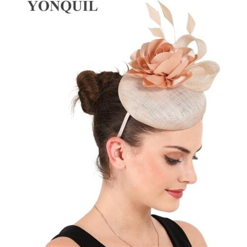 High Quality 4-Layer Sinamay Rose Color Fascinators Gorgeous Hat Headband Wedding Women Millinery Occasion Headpiece With Flower