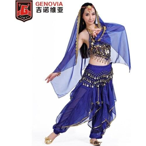 Belly Dance Performance Chiffon Beading / Coins / Sequins 5 Pieces Sleeveless Top / Pants / Headpieces / Hip Scarf / Shawl Veil