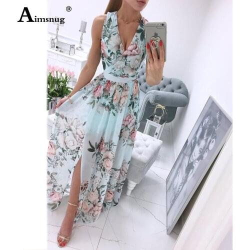 Women Elegant Leisure Casual A-Line Party Dresses Ladies Bohemian Flower Print Dress Sleeveless Patchwork V-neck Long Maxi Dress