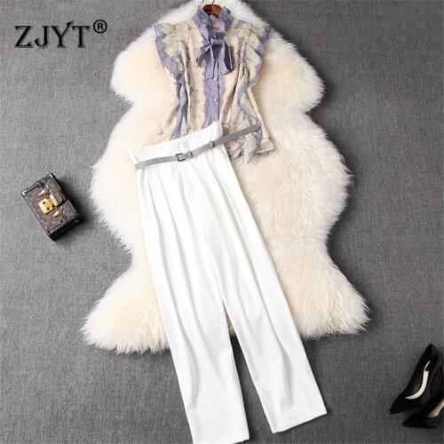 High Street Fashion 2020 Summer Women Female Casual Outfits Ruffled Bow Collar Print Top and Pants 2pcs Clothing Set