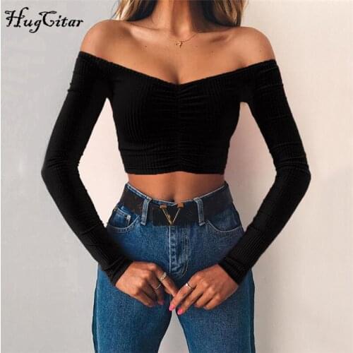 Hugcitar long sleeve slash neck ruffles crop tops women winter spring new fashion solid Comfortable T-shirt