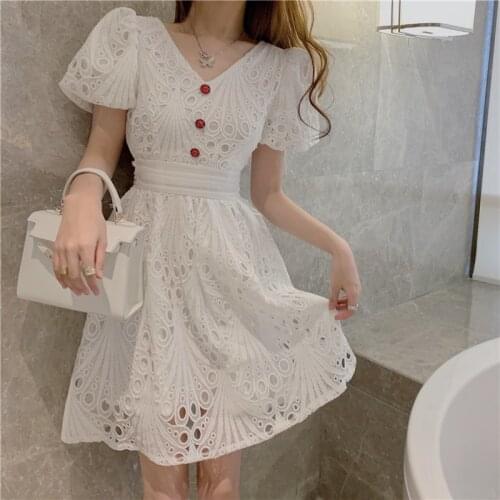2021 Summer Hollow Out Embroidery Puff Sleeve Lace Dress Retro Sexy V-Neck High Waist Casual Beach Mini Dress