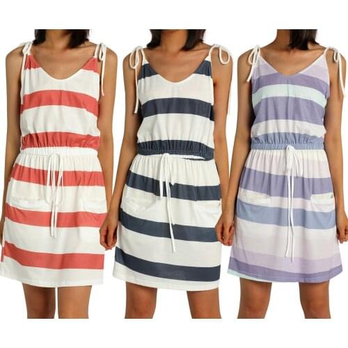 Women Summer Casual Adults Sleeveless Tie-up V-neck Striped Dress with Pocket