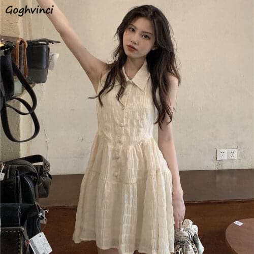 Dress Women Sexy Korean Preppy Elegant Button Off Shoulder All-match Sleeveless Turn-down Collar Popular Sweet Mujer Princess