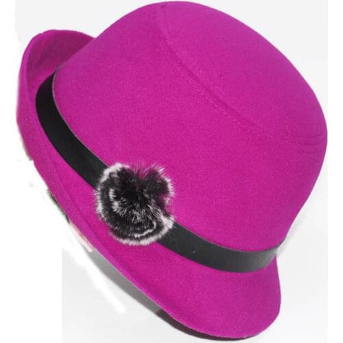 Winter Women Stylish Rabbit Fur Hairball Felt Hat Bowler Cloche Christmas Gift Keep Warm Fashion Youth Wool Hat Handmade Flower