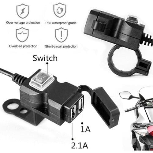 12-24V Dual 2 USB Motorcycle Handlebar Charger Socket+Switch+Mounts Waterproof for Phone Mobile