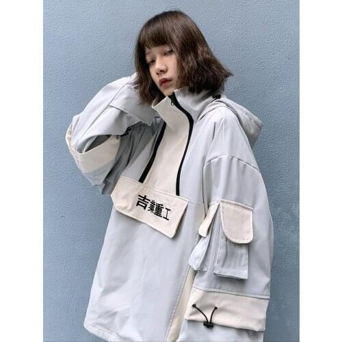 2020 multi pocket stormsuit hiphop casual stitching Half Zip Hooded women Mens clothes Antique jacket Japanese style streetwear