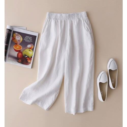 2021 New Summer Women Elastic High Waist Wide Leg Skirt Pants Korean Cotton Linen Casual Ladies Straight Trousers Plus Size Z62