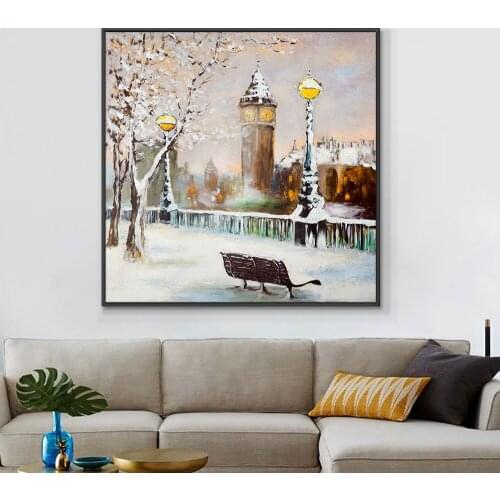 Abstract Landscape Painting Building Trees Streetlight Oil Painting 100% Hand Painted On Canvas Handmade Wall Art For Home Decor