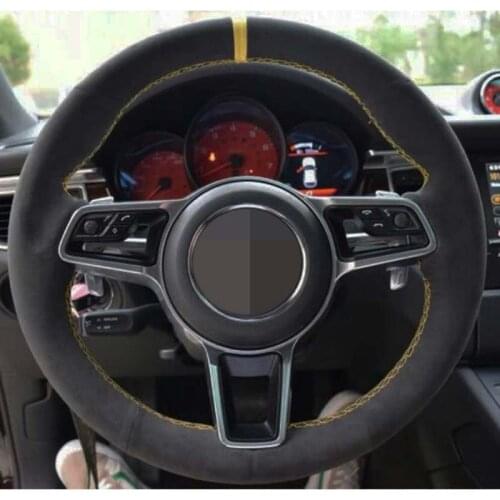 Car Steering Wheel Cover Hand-Stitched Soft Black Genuine Leather Suede For Porsche Macan Cayenne 2015-2016